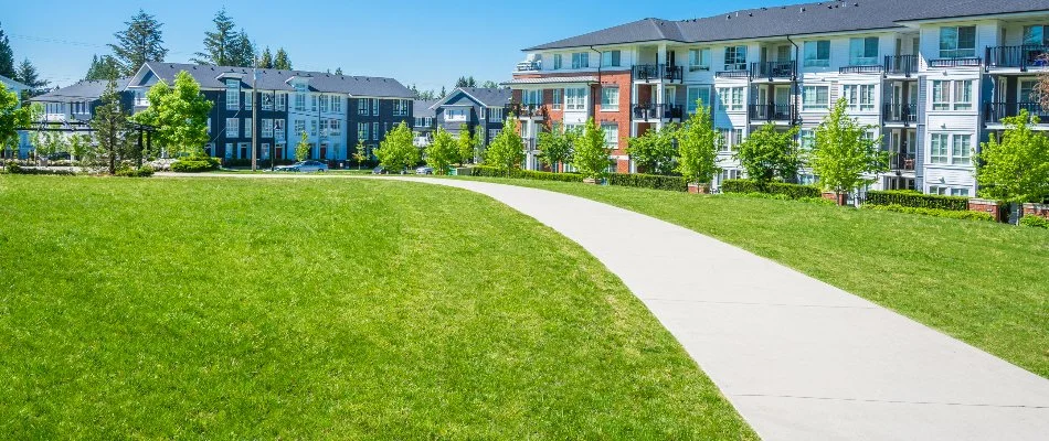 Lawn and landscaping on commercial grounds in White Oak, PA.